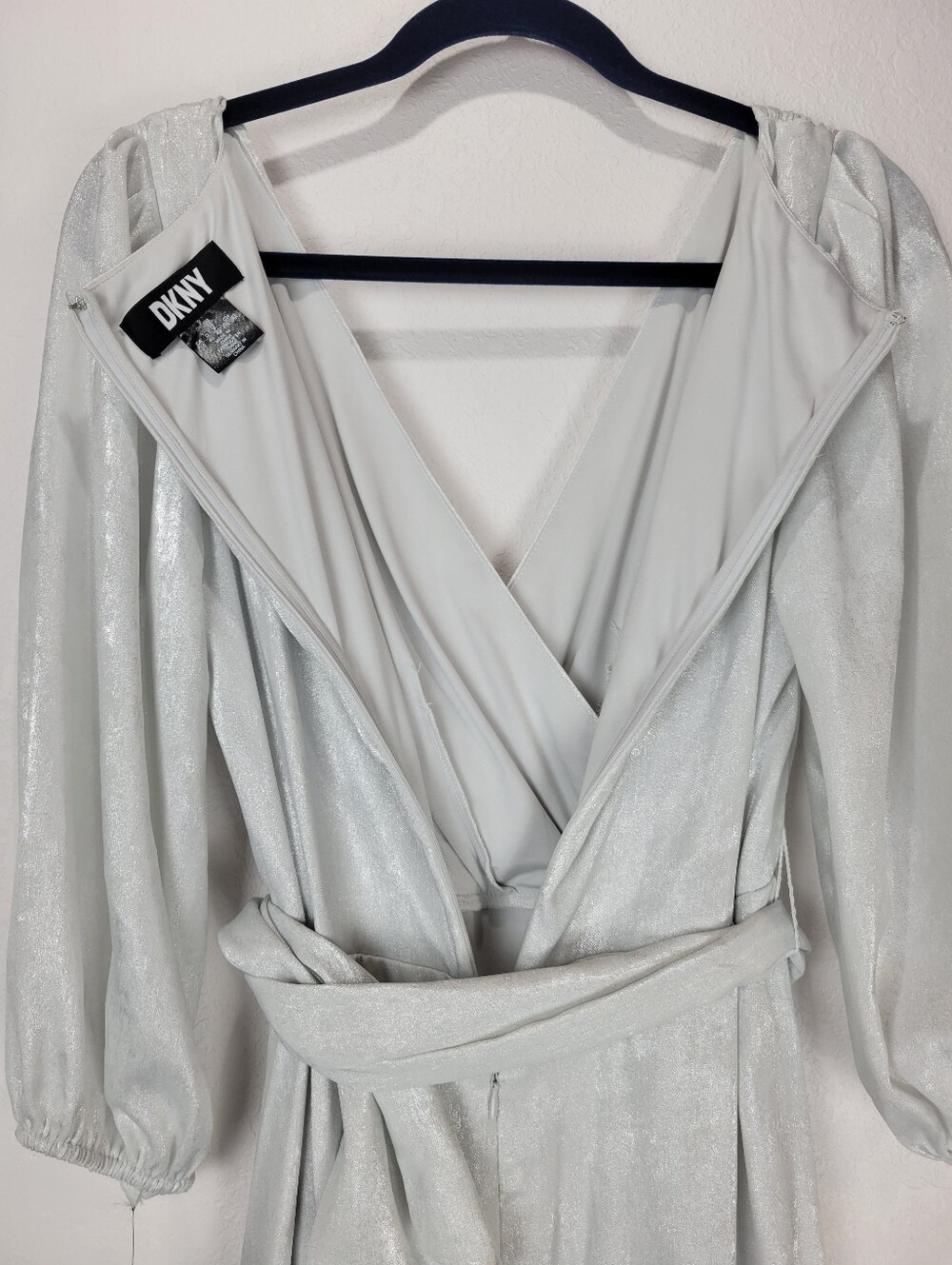 NWT DKNY Women's Silver Shimmer Surplice Balloon Sleeve Belted A-Line Dress Sz10 - Picture 9 of 13
